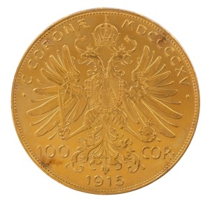 Austria: 1915 Franz Joseph, Gold (restrike) 100 Corona, Unc.