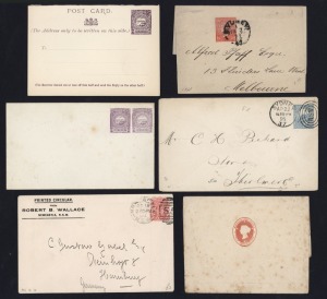 NEW SOUTH WALES - Postal Stationery: A range of PTPO, OFFICIAL and SEMI-OFFICIAL envelopes, cards and wrappers; commercial examples noted for Winchcombe, Carson & Co., D. Mitchell & Co., Harrison, Jones & Devlin; E.S. & A. BANK; Robert B. Wallace, John Robertson & Son; The Civil Service Stores; Wall & Molesworth; National Association of Shepbreeders, etc. (26 items).