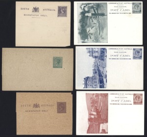 SOUTH AUSTRALIA - Postal Stationery: A good collection of postal stationery in album pages; noted 1d American Fleet postal card (unused), OPSO and OHMS 1d cards (3), 1d illustrated Post Cards (19, used and unused) with views including "Butter Factory", "Clarendon", "Carting - Far North", "Kookaburras", "Phosphate Quarry", "Rundle Street", "World's Record (bull)", "Wool Carting", wrappers incl. OS types, etc., (54 items).