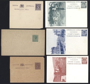 SOUTH AUSTRALIA - Postal Stationery: A good collection of postal stationery in album pages; noted 1d American Fleet postal card (unused), OPSO and OHMS 1d cards (3), 1d illustrated Post Cards (19, used and unused) with views including "Butter Factory", "C