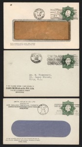 STAMPED TO PRIVATE ORDER ENVELOPES: A study of the Octagonal 1d green KGV with "POSTAGE" in die (BW:ES43): (15), with users including James McEwan & Co., A.W.Sandford & Co., Roberts & Co., Melbourne Music Club, Melbourne Hospital Birthday League, Adelaide