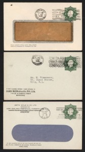 STAMPED TO PRIVATE ORDER ENVELOPES: A study of the Octagonal 1d green KGV with "POSTAGE" in die (BW:ES43): (15), with users including James McEwan & Co., A.W.Sandford & Co., Roberts & Co., Melbourne Music Club, Melbourne Hospital Birthday League, Adelaide Co-Operative, Vacuum Oil, Smith, Wylie & Co., etc. All used between 1926-28.