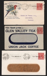 PRINTED TO PRIVATE ORDER: 1914-16 1d red KGV Sideface - a collection envelopes produced for various users, including 2 Die 2's; all with 1914-16 usage. Includes two attractive examples of the "Rosella" envelopes. BW:ES14 (16) and ES15 (2). Mixed condition. Cat.$1600.