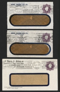 STAMPED TO PRIVATE ORDER ENVELOPES: A study of the Octagonal 1d violet KGV with "POSTAGE" in die (BW:ES41): (10), with users including Perdriau Rubber (Melbourne), Adelaide Co-operative Society, Doery & Tilley Boots & Shoes, Brooks, Robinson & Co., and In