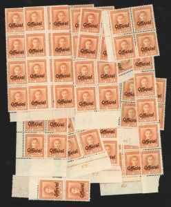 NEW ZEALAND - Official Stamps: OFFICIALS: 1947 (SG.O152) KGVI 2d orange, (96) in blks. and strips including 3 Plate/Imprint blks.4. MUH.