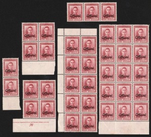 NEW ZEALAND - Official Stamps: OFFICIALS: 1947 (SG.O154) KGVI 6d carmine, (38) in blks. and strips including 1 Plate/Imprint blk.4. MUH; mainly fine.