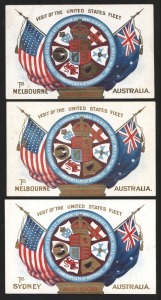 GREAT WHITE FLEET: 'VISIT OF THE UNITED STATES FLEET' unstamped formular Postal Cards inscribed at base 'TO/SYDNEY' (unused) or 'TO/MELBOURNE' (2, unused & used 1909 Brunswick to SA); fine condition. (3) Officially distributed as unstamped cards to allow sailors to post the cards from any port-of-call.