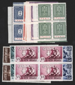 SERBIA: POSTAGE DUES: 1942 (Mi. P9-15) complete set of 7 in marginal or corner blocks of 4; together with the 1943 Disabled Soldiers set of 4 (Mi.86-89) in blocks of 4; all MUH. (44).