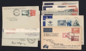 Aerophilately & Flight Covers: A 1930 - 1936 collection of flown covers, comprising of Feb.1930 Camooweal - Daly Waters (AAMC.151), June 1930 Sydney - Melb. (AAMC.161), July 1930 Geraldton - Wyndham (AAMC.165a), May 1931 Melb. - Hobart (AAMC.198), Nov. 1931 Kalgoorlie - London pilot signed (AAMC.222), Nov. 1931 Sydney - Brisbane pilot signed (AAMC.224), July 1934 "Faith in Australia" flight to Papua (AAMC.394), Oct.1934 "Uiver" MacRobertson Race cover, pilot signed (AAMC.445), Dec. 1934 London -