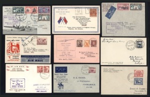 A 1938 - 1951 collection of flown covers, comprising of Aug.1938 Empire Service Sydney - London (AAMC.826); Dec. 1939 Sydney - Coonamble Christmas flight (AAMC.887a); 30 April 1940 Auckland - Sydney (2 different) (AAMC.899 x 2); 30 April Sydney - Auckland (AAMC.900); Oct. 1943 Sydney - Kerand (AAMC.964a); Dec. 1946 Brewarrina - Sydney (AAMC.1088a); Dec. 1947 Sydney - London with vignette, pilot signed (AAMC.1124); and, June 1951 Melbourne - Christchurch (AAMC.1274). (Total: 9 flown covers).
