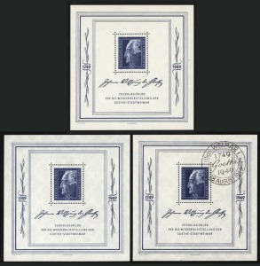 GERMANY: ALLIED OCCUPATION - RUSSIAN ZONE: 1949 (Mi. Blk.6) 50pf + 4.50Dm Goethe Festival Week Miniature Sheets , (3, 2 MUH, 1 VFU with special WEIMAR 28 August 1949 circular date stamp).
