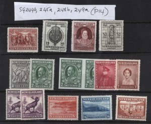 CANADA - Newfoundland: 1933 Humphrey Gilbert series, perforation varieties group comprising of 10c perf.14 line (SG.244b), 14c perf.14 line (SG.245a), 24c perf.14 line (SG.248b), and 32c perf.14 line (SG.249a); together with the 1932-8 definitives (SG.222-228c) incl.SG.223a Imperf. pair. Cat.approx. £280.