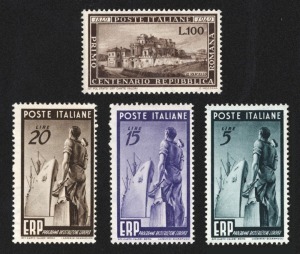 ITALY: 1948 100L Centenary of the Roman Republic and 1949 European Recovery Plan set of 3, all fresh MUH. (4).