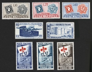 ITALY: 1951 Gymnastic Festival set of 3, 1951 Sardinian Stamp Centenary set of 3, 1952 60L Milan Fair, and 60L Civil Aeronautics Law Conference, all fresh MUH. (8).