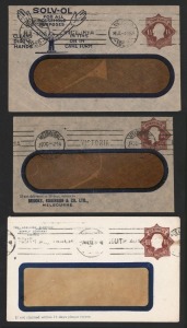 STAMPED TO PRIVATE ORDER ENVELOPES: A study of the 1918-23 Octagonal 1½d black-brown and red-brown KGV "NO POSTAGE" and the red-brown "POSTAGE" issues (BW:ES47,48,49,51,52 & 54): (Total: 32), with users including Adelaide Co-Operative Society, The Texas Company, The Adelaide Electric Supply Company, Brooks, Robinson & Co., J. Kitchen & Sons, Farmer & Co., British Australian Wool, Vacuum Oil, British Imperial Oil, Barnes Glass, etc. No attempt has been made to identify the different dies.