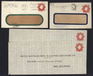 STAMPED TO PRIVATE ORDER ENVELOPES: A study of the 1924-28 Octagonal 1½d red KGV with "POSTAGE" in die (BW:ES56): (29, of which 7 are unused), with users including British Australian Wool, Broken Hill South, Cuming, Smith & Co., Farmer & Co., Dalgety & Co