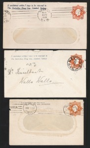 STAMPED TO PRIVATE ORDER ENVELOPES: A study of the 1920-22 Octagonal 2d orange KGV with "NO POSTAGE" in die (BW:ES59 x 14) plus a single example of the 2d with "POSTAGE" (BW:ES60) with users including The Australian Drug Coy., Jas. F. McKenzie & Co., The 