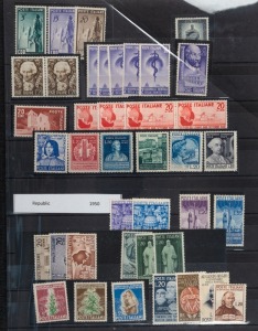 ITALY: 1945 to recent collection/accumulation in large stockbook; the early issues in singles and sets including 1945 defins to 100L, 1949 Venice Exhibition, 1949 ERP, 1949 WHO (5), 1949 Volta pair, 1950 Holy Year pair, Radio Conference pair, Tobacco Conf