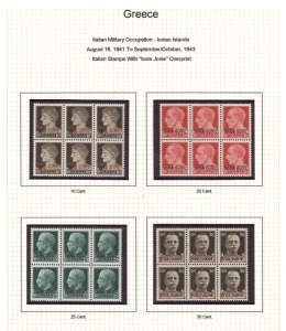 ITALIAN MILITARY OCCUPATION OF THE IONIAN ISLANDS: 1941 - 44 issues overprinted "ISOLE JONIE", "CORFU", and "ITALIA Occupazione Militare..." with the stamps as singles, blocks and pairs, Mint, Used, Used on piece to show various postmarks and several cove