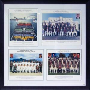 AUSTRALIAN TEAM PHOTOGRAPHS, display comprising four official team photographs - 1992 World Cup; 1994 Australian Tour to Sri Lanka & Pakistan; 1994-95 Ashes Series; 1995 Australian Tour to West Indies; window mounted together, framed & glazed, overall 84x