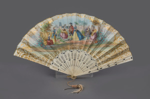 An antique French fan, carved bone with hand-coloured scene, 19th century, 49cm wide