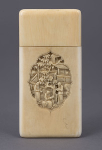 A Chinese carved ivory calling card case with court scene cartouche, late 19th century, 9cm high