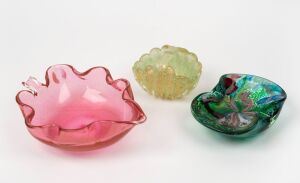 Three assorted Murano glass bowls and dishes, including BAROVIER & TOSO and green tutti frutti example, the largest 19cm wide