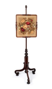 An antique English carved mahogany banner pole with original embroidered floral stump work, early to mid 19th century, 151cm high