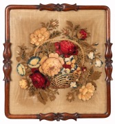 An antique English carved mahogany banner pole with original embroidered floral stump work, early to mid 19th century, 151cm high - 2