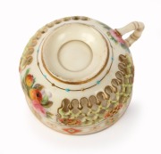 ROYAL WORCESTER antique English reticulated porcelain teacup and saucer with hand-painted floral and gilded highlights by GEORGE OWEN, circa 1885, impressed factory mark to base, the saucer 10.5cm diameter - 2