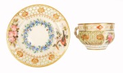 ROYAL WORCESTER antique English reticulated porcelain teacup and saucer with hand-painted floral and gilded highlights by GEORGE OWEN, circa 1885, impressed factory mark to base, the saucer 10.5cm diameter - 4