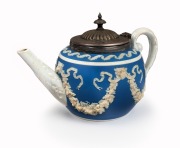 PAXTON (attributed) antique English Jasper Ware&nbsp;pottery teapot with Sheffield plated lid, mid19th century, 12cm high, 18cm wide