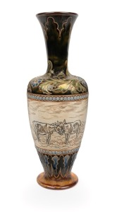 DOULTON LAMBETH pottery vase with sgraffito landscape decorated with sheep and donkeys by HANNAH BARLOW, 19th century, impressed factory mark and artist's monogram to base, 31.5cm high