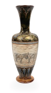 DOULTON LAMBETH pottery vase with sgraffito landscape decorated with sheep and donkeys by HANNAH BARLOW, 19th century, impressed factory mark and artist's monogram to base, 31.5cm high