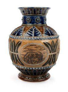 DOULTON LAMBETH pottery vase adorned with sgraffito horse vignettes decoration by HANNAH BARLOW and FRANCIS LEE, circa 1875, impressed factory mark and artists monograms to base, 16cm high