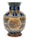 DOULTON LAMBETH&nbsp;pottery vase adorned with sgraffito&nbsp;horse&nbsp;vignettes decoration&nbsp;by HANNAH BARLOW and FRANCIS LEE,&nbsp;circa 1875, impressed factory mark and artists monograms to base, 16cm high - 2