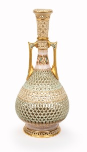 ROYAL WORCESTER antique English reticulated porcelain stem vase with gilded highlights by GEORGE OWEN, puce factory mark to base, 16.5cm high