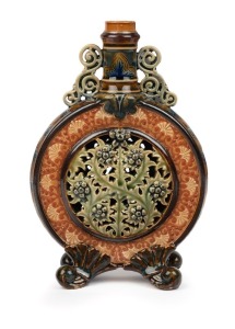 DOULTON LAMBETH rare reticulated pottery moonflask vase, circa 1883, impressed factory mark and artist's monogram (illegible) to base, 20cm high