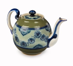 MACINTYRE antique English green pottery teapot with banded floral decoration, late 19th century, brown factory mark to base, 15cm high, 21cm wide