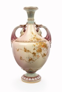 ROYAL WORCESTER antique English pink and blue porcelain vase with floral decoration in gilded highlights, puce factory mark to base, 22.5cm high