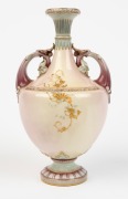 ROYAL WORCESTER antique English pink and blue porcelain vase with floral decoration in gilded highlights, puce factory mark to base, 22.5cm high - 2