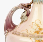 ROYAL WORCESTER antique English pink and blue porcelain vase with floral decoration in gilded highlights, puce factory mark to base, 22.5cm high - 4