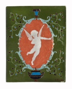 An antique English pâte-sur-pâte porcelain plaque with angel putti figure, signed lower right "S. Rhodes", 17 x 13.5cm