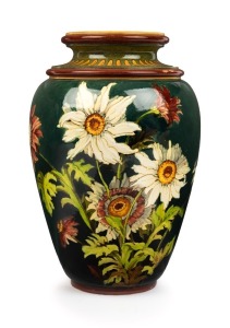 DOULTON LAMBETH FAIENCE antique English ceramic vase with hand-painted floral decoration by ISABEL LEWIS, circular factory mark and artist's monogram to base, 21.5cm high