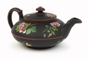 WEDGWOOD "Capri Ware" antique black basalt pottery teapot with floral enamel decoration, 19th century, impressed "WEDGWOOD", 7cm high, 16cm wide - 2
