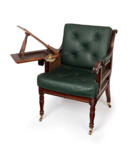 A fine quality reproduction William IV style mahogany gentleman's library chair with adjustable reading slope and candelabra, 20th century, 92cm high, 60cm across the arms