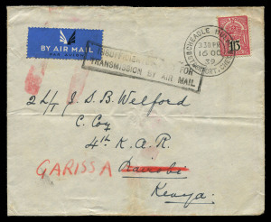 GREAT BRITAIN - Postal History: 1939 (Oct.16) family cover to military officer in Kenya with invalid use of 1/3d Health & Pensions Insurance revenue stamp tied by CHEADLE HULME datestamp, remarkably untaxed, airmail label scored-through and 'INSUFFICIENTLY PAID FOR/TRANSMISSION BY AIR MAIL' boxed handstamp applied, redirected on arrival, horizontal and vertical folds. Unusual.