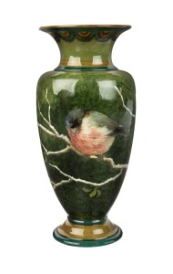 DOULTON LAMBETH art pottery vase with hand-painted bird decoration on green ground by C. VARGAS, circa 1890, impressed and factory stamps to base with artist's monogram, 21cm high