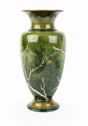 DOULTON LAMBETH art pottery vase with hand-painted bird decoration on green ground by C. VARGAS, circa 1890, impressed and factory stamps to base with artist's monogram, 21cm high - 2