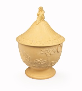 WEDGWOOD "Caneware" antique English pottery lidded bowl with figural top and classical frieze, circa 1830, stamped "WEDGWOOD", 16cm high